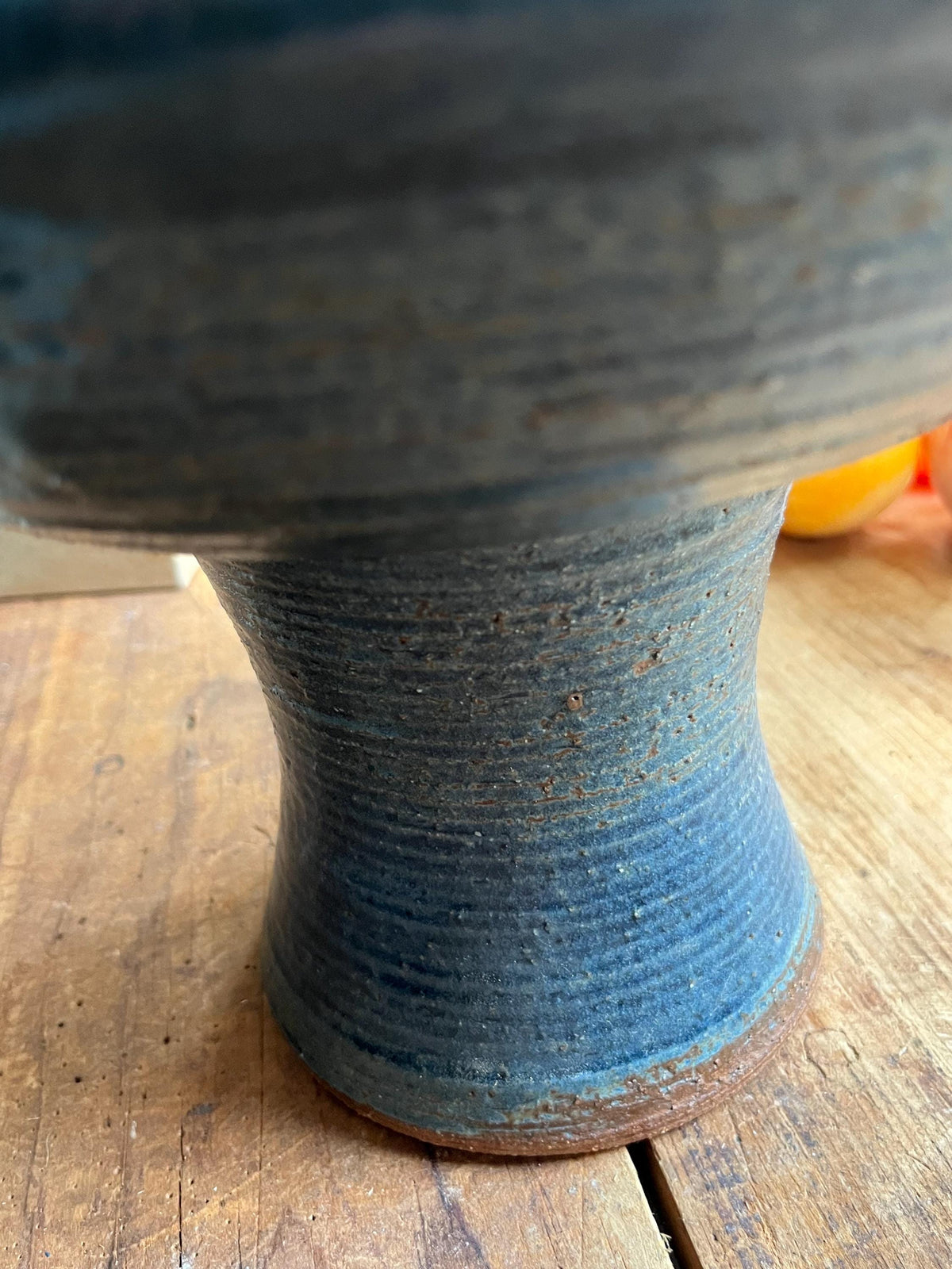 Vintage Mid-Century Studio Pottery Pedestal Bowl – Large Blue Glazed Stoneware Fruit Compote Centerpiece (9.5”)