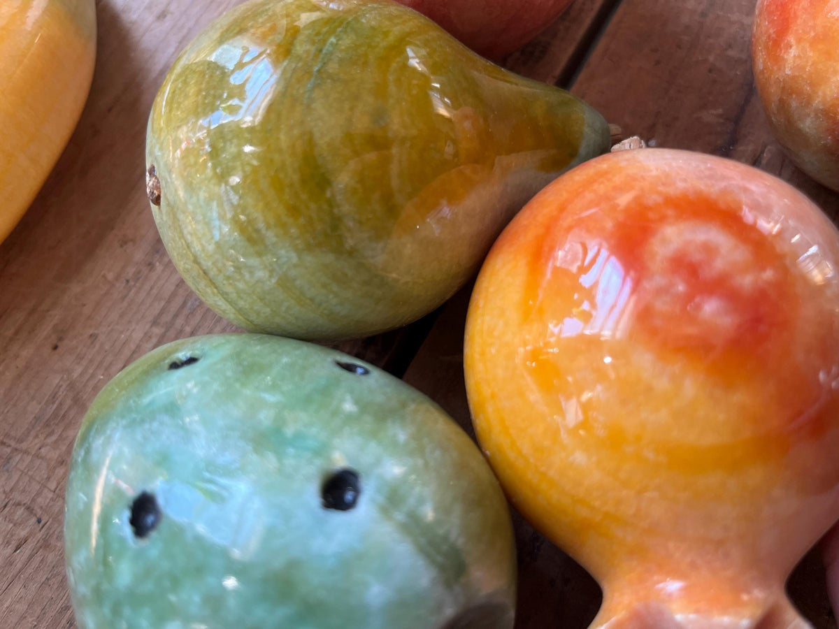 Rare 7pc Vintage Italian Alabaster Stone Fruit Set • Hand-Carved Marble Collection • Prickly Pear Cactus, Pomegranates, Banana, Apple Orange