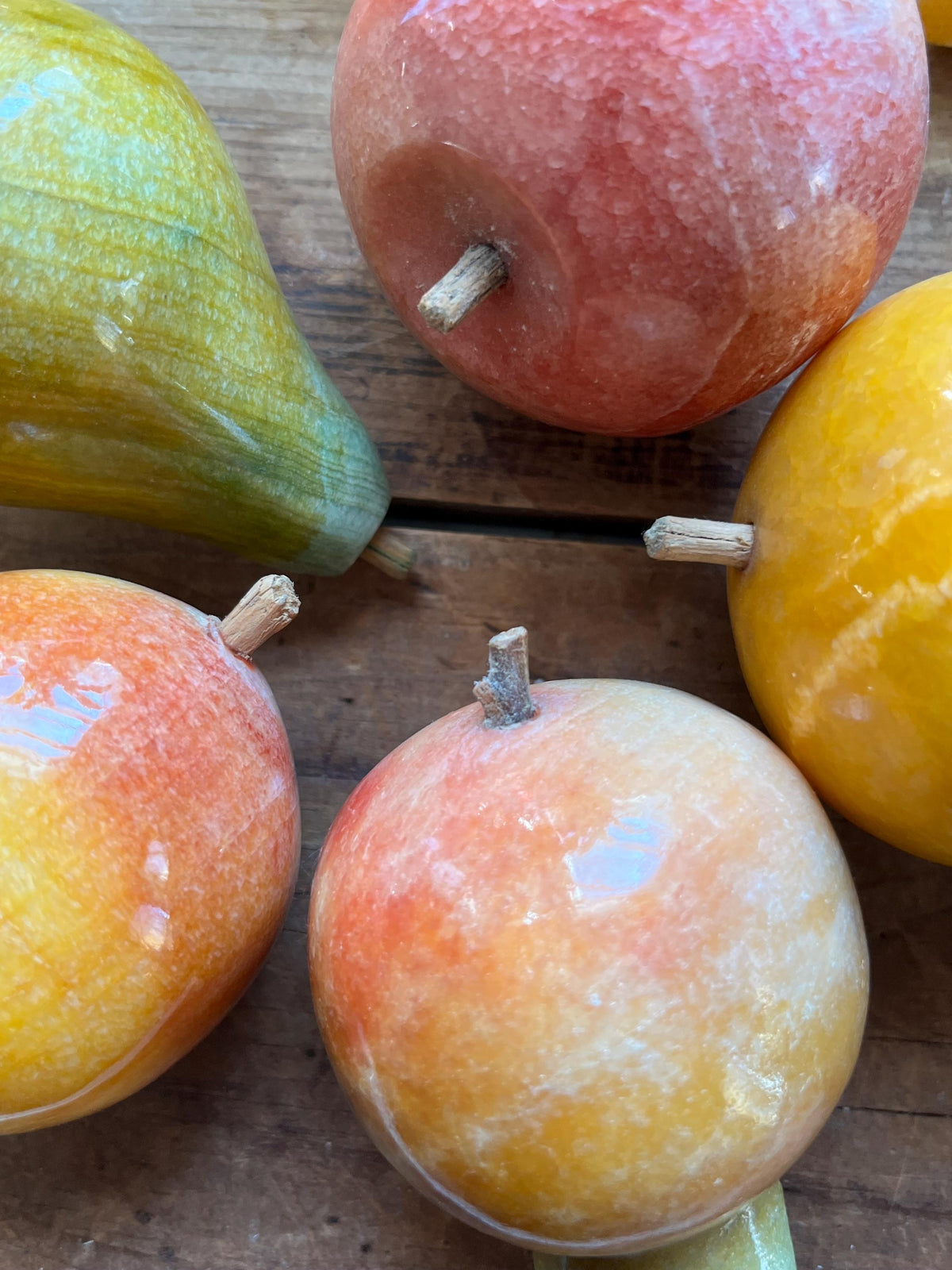 Rare 7pc Vintage Italian Alabaster Stone Fruit Set • Hand-Carved Marble Collection • Prickly Pear Cactus, Pomegranates, Banana, Apple Orange