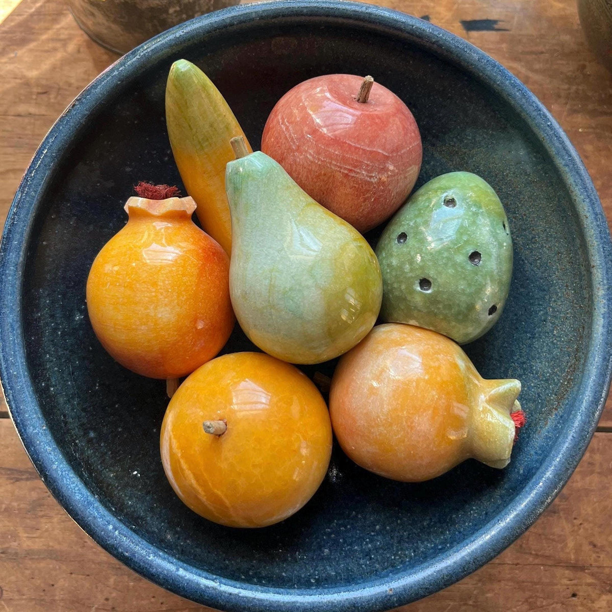 Rare 7pc Vintage Italian Alabaster Stone Fruit Set • Hand-Carved Marble Collection • Prickly Pear Cactus, Pomegranates, Banana, Apple Orange