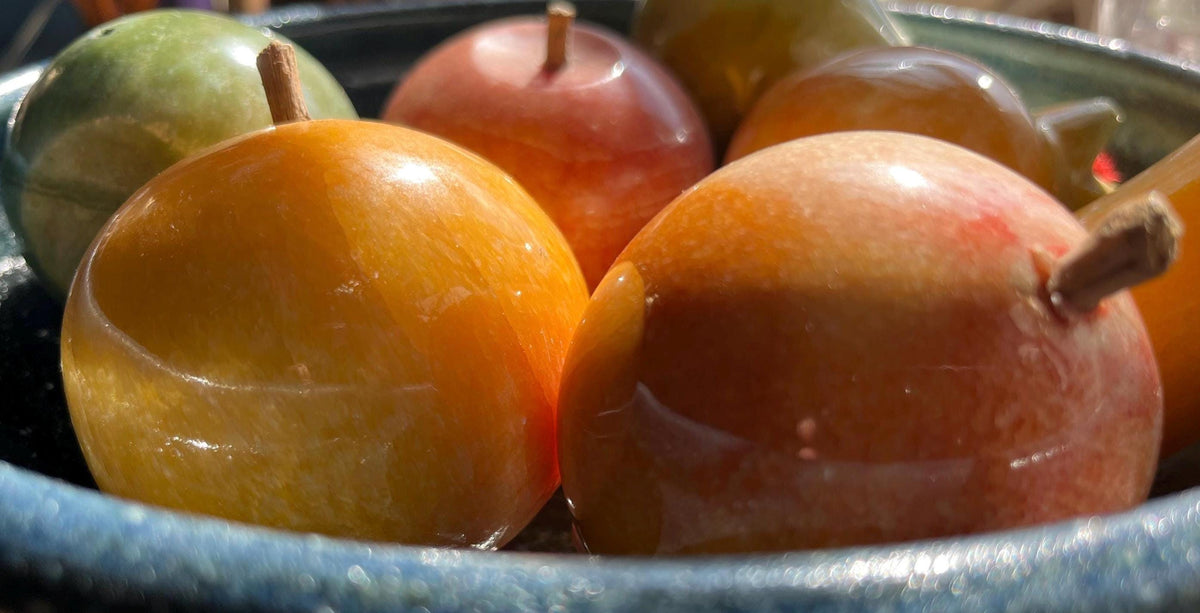 Rare 7pc Vintage Italian Alabaster Stone Fruit Set • Hand-Carved Marble Collection • Prickly Pear Cactus, Pomegranates, Banana, Apple Orange