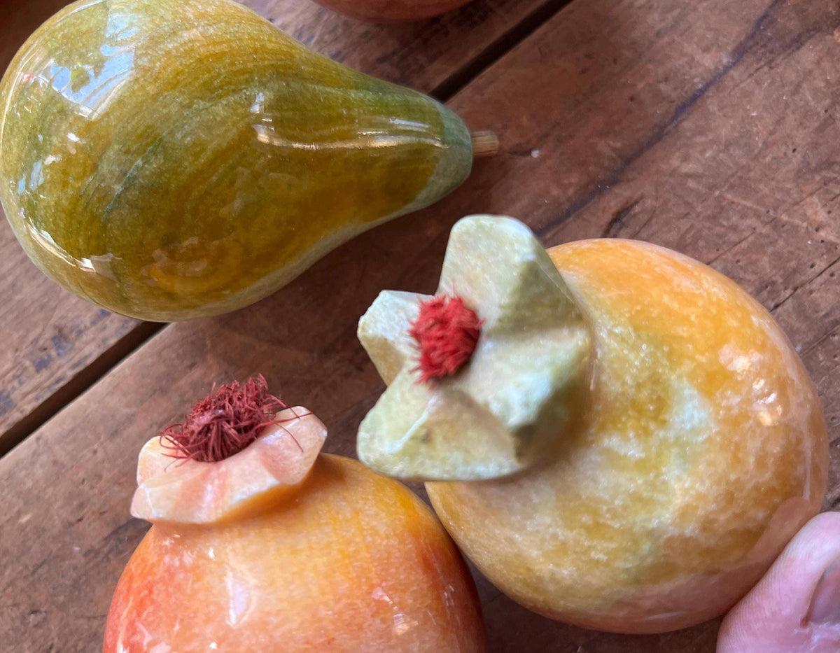 Rare 7pc Vintage Italian Alabaster Stone Fruit Set • Hand-Carved Marble Collection • Prickly Pear Cactus, Pomegranates, Banana, Apple Orange