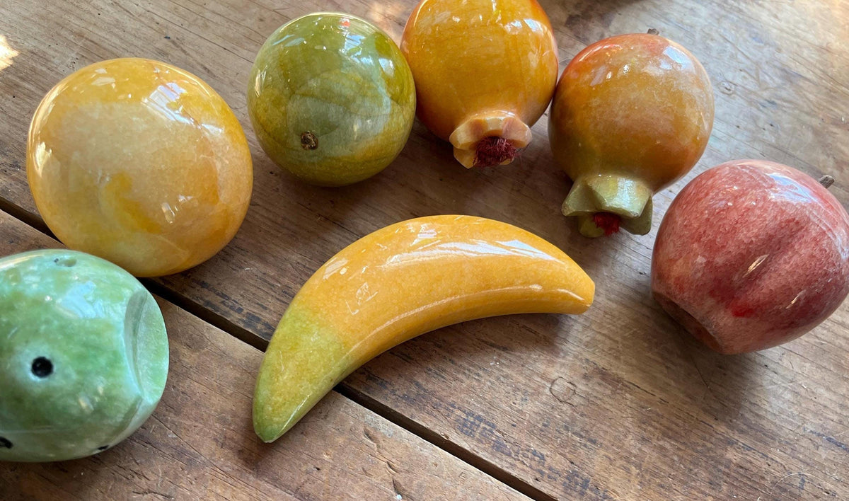 Rare 7pc Vintage Italian Alabaster Stone Fruit Set • Hand-Carved Marble Collection • Prickly Pear Cactus, Pomegranates, Banana, Apple Orange