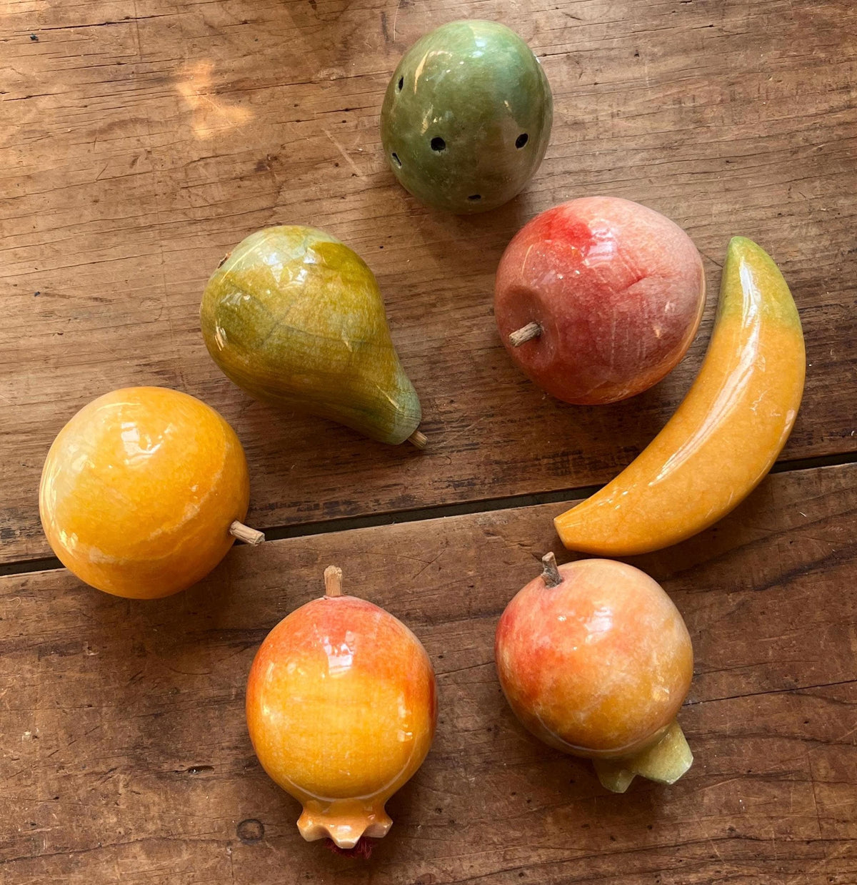 Rare 7pc Vintage Italian Alabaster Stone Fruit Set • Hand-Carved Marble Collection • Prickly Pear Cactus, Pomegranates, Banana, Apple Orange