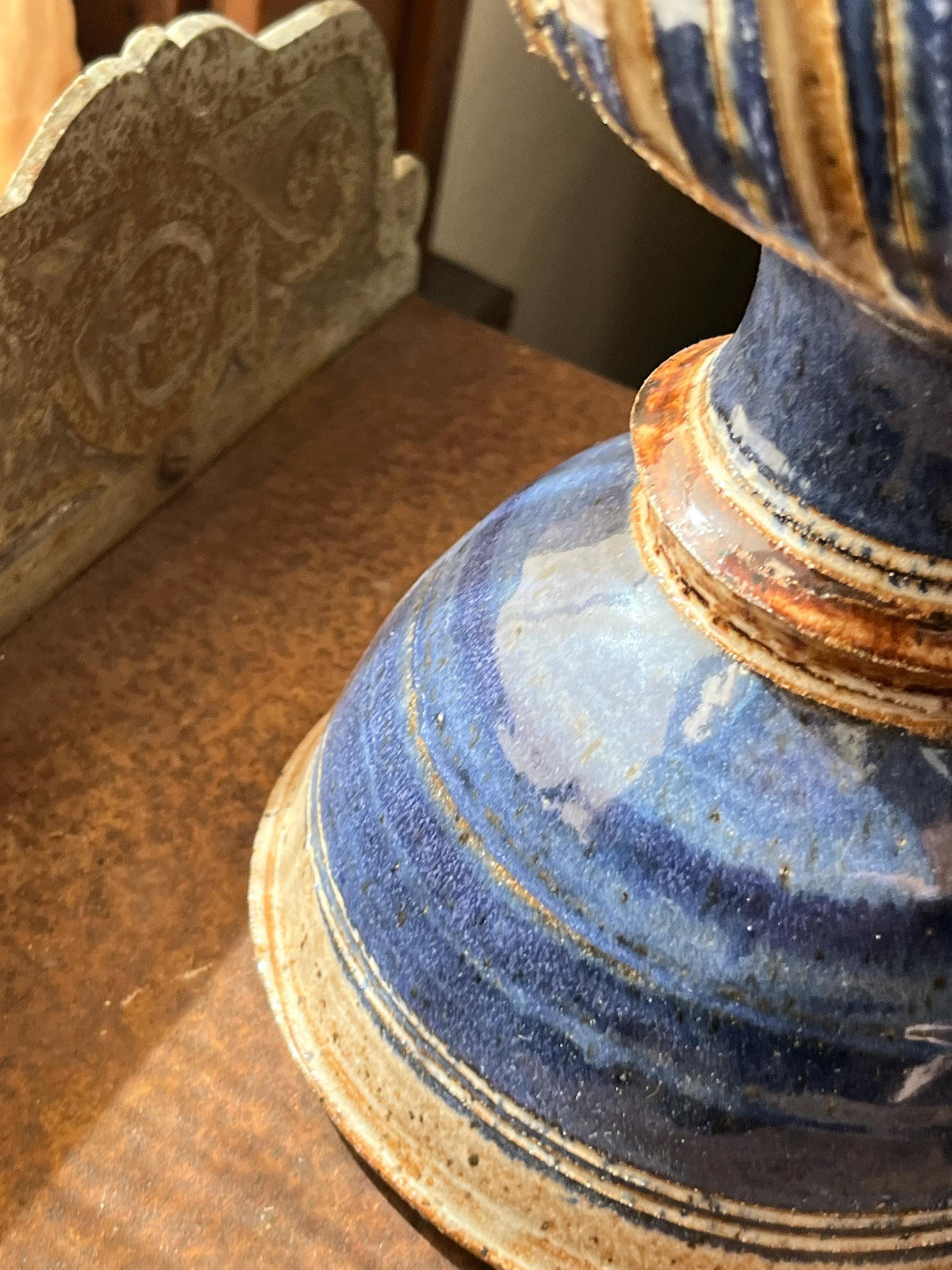 Vintage 1970s Studio Pottery Oil Lamp – Hand-Carved Blue Stoneware Kerosene Base w/ Studio Makers Mark