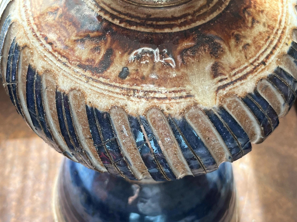 Vintage 1970s Studio Pottery Oil Lamp – Hand-Carved Blue Stoneware Kerosene Base w/ Studio Makers Mark