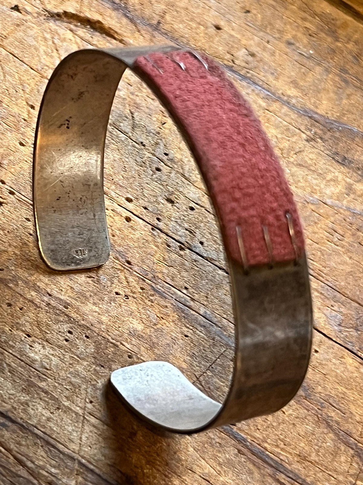 Vintage Sterling Silver Suede Cuff Bracelet | Modernist Mixed Media Studio Jewelry