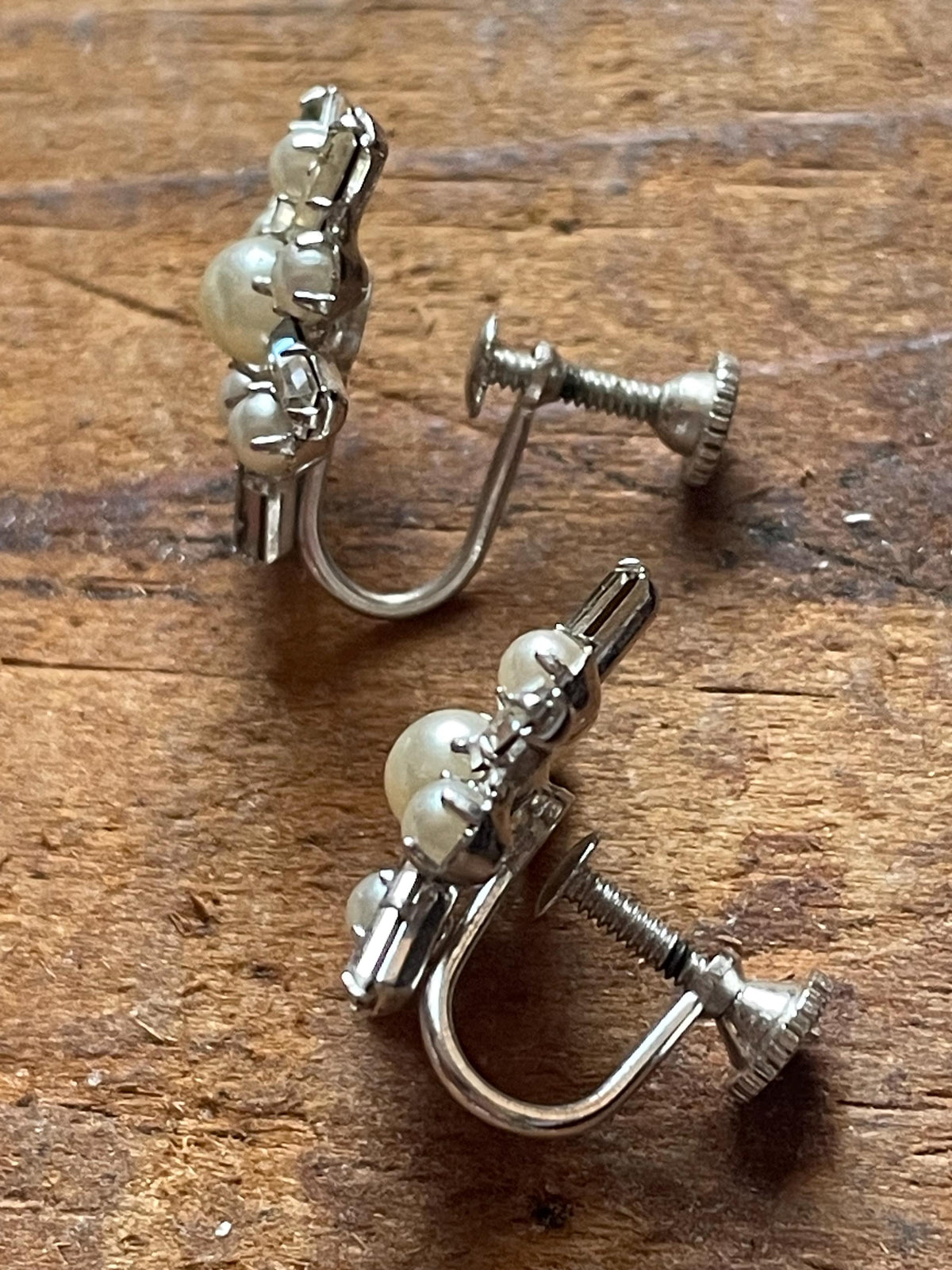 Vintage B. David Faux Pearl & Baguette Rhinestone Starburst Screw-Back Earrings