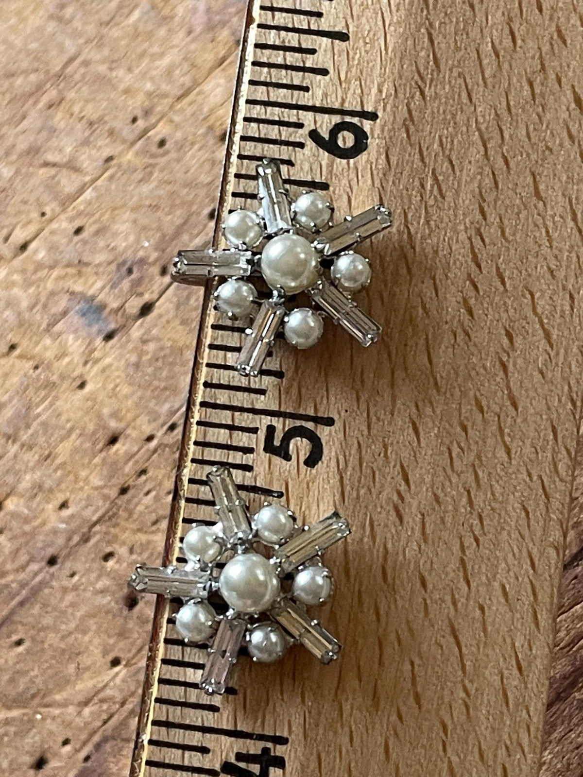 Vintage B. David Faux Pearl & Baguette Rhinestone Starburst Screw-Back Earrings