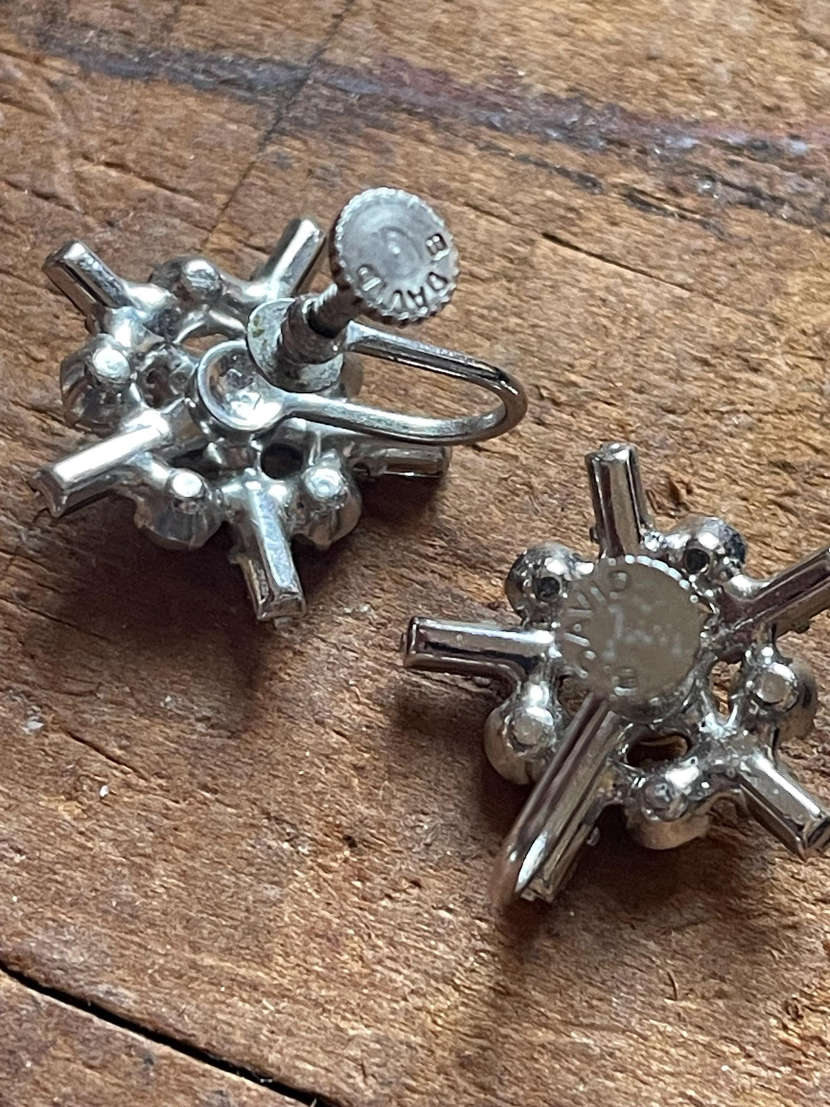 Vintage B. David Faux Pearl & Baguette Rhinestone Starburst Screw-Back Earrings