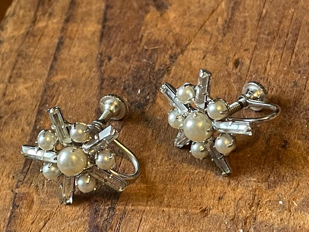 Vintage B. David Faux Pearl & Baguette Rhinestone Starburst Screw-Back Earrings