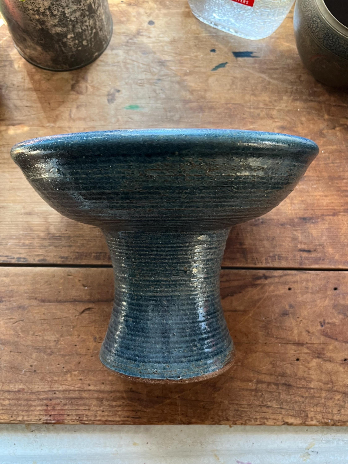 Vintage Mid-Century Studio Pottery Pedestal Bowl – Large Blue Glazed Stoneware Fruit Compote Centerpiece (9.5”)