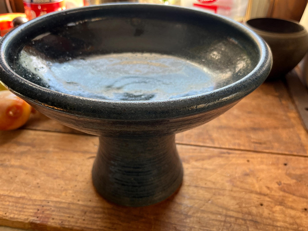 Vintage Mid-Century Studio Pottery Pedestal Bowl – Large Blue Glazed Stoneware Fruit Compote Centerpiece (9.5”)