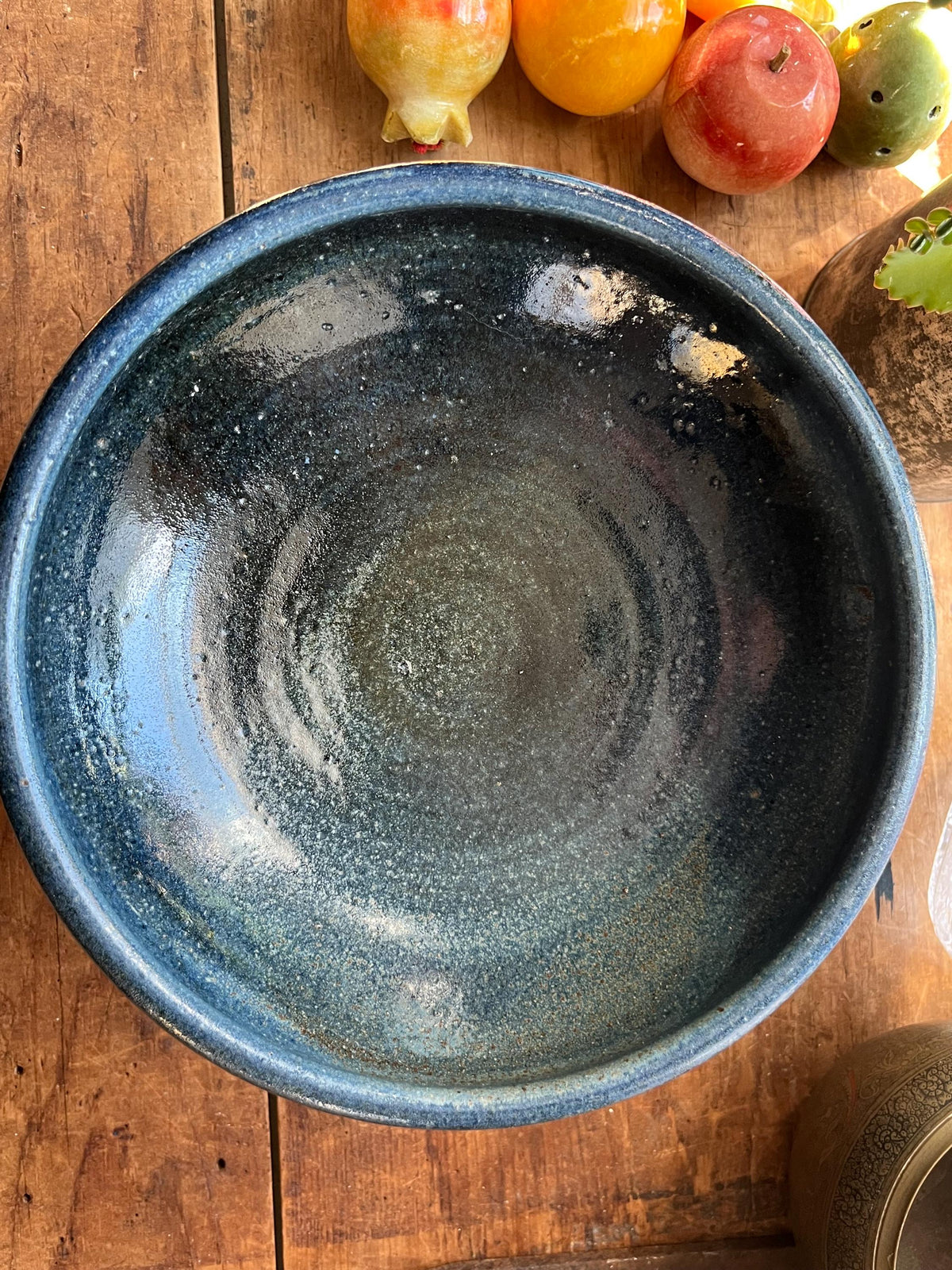 Vintage Mid-Century Studio Pottery Pedestal Bowl – Large Blue Glazed Stoneware Fruit Compote Centerpiece (9.5”)