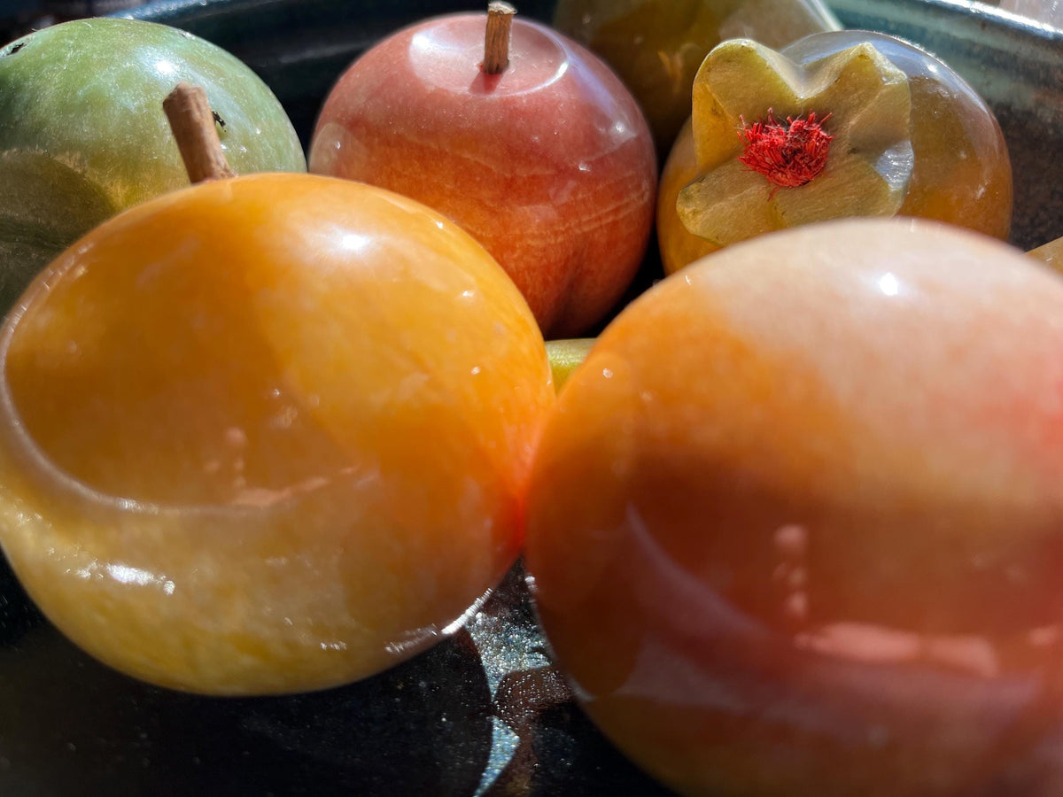 Rare 7pc Vintage Italian Alabaster Stone Fruit Set • Hand-Carved Marble Collection • Prickly Pear Cactus, Pomegranates, Banana, Apple Orange