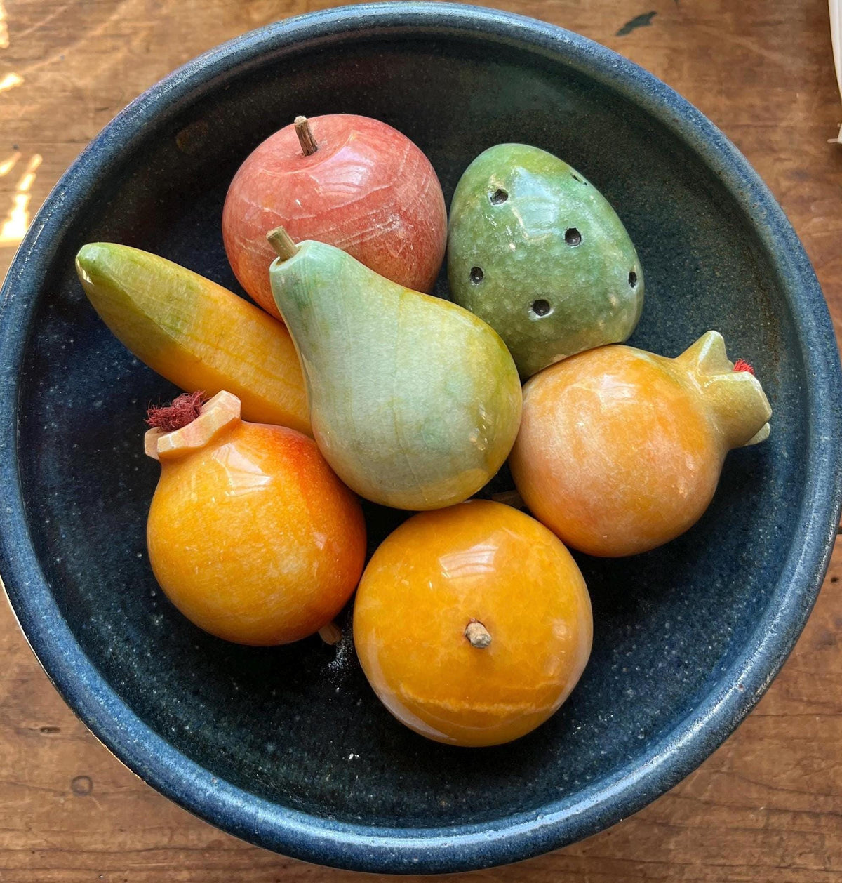 Rare 7pc Vintage Italian Alabaster Stone Fruit Set • Hand-Carved Marble Collection • Prickly Pear Cactus, Pomegranates, Banana, Apple Orange