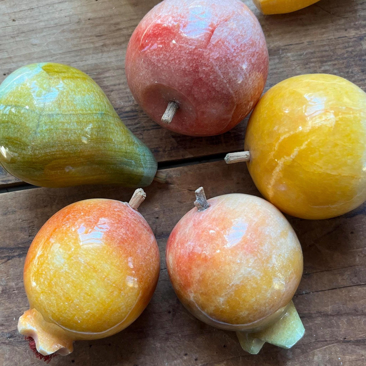 Rare 7pc Vintage Italian Alabaster Stone Fruit Set • Hand-Carved Marble Collection • Prickly Pear Cactus, Pomegranates, Banana, Apple Orange