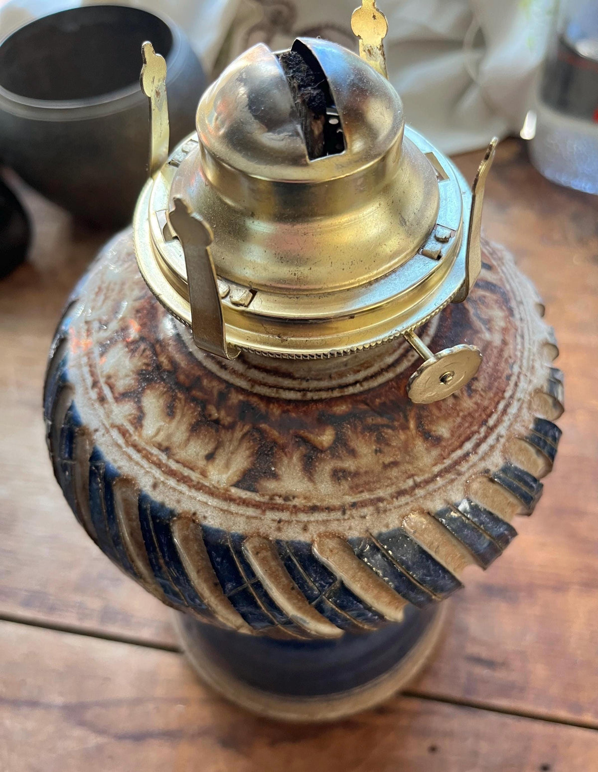 Vintage 1970s Studio Pottery Oil Lamp – Hand-Carved Blue Stoneware Kerosene Base w/ Studio Makers Mark