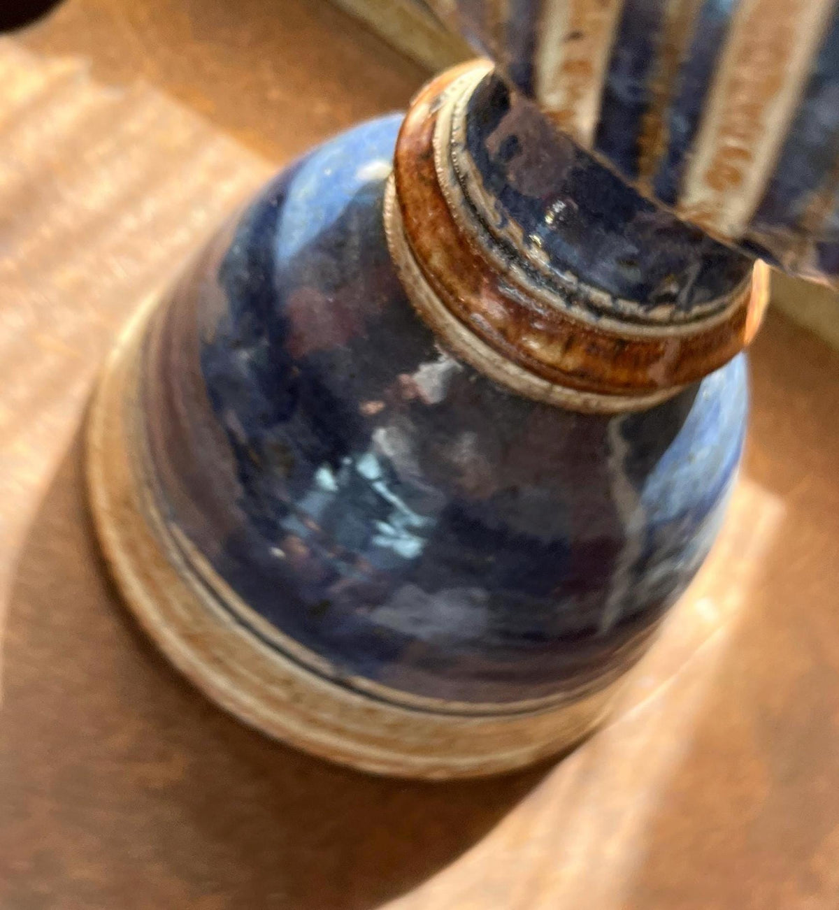 Vintage 1970s Studio Pottery Oil Lamp – Hand-Carved Blue Stoneware Kerosene Base w/ Studio Makers Mark