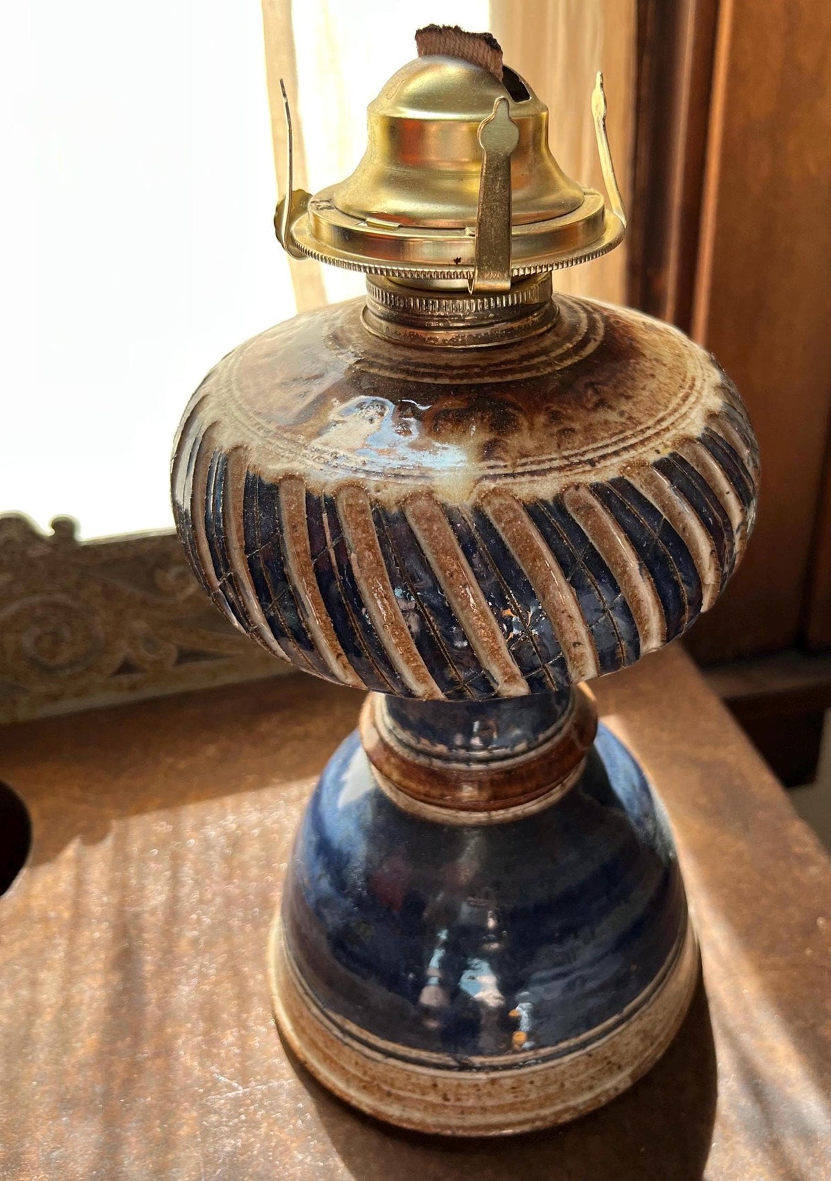 Vintage 1970s Studio Pottery Oil Lamp – Hand-Carved Blue Stoneware Kerosene Base w/ Studio Makers Mark