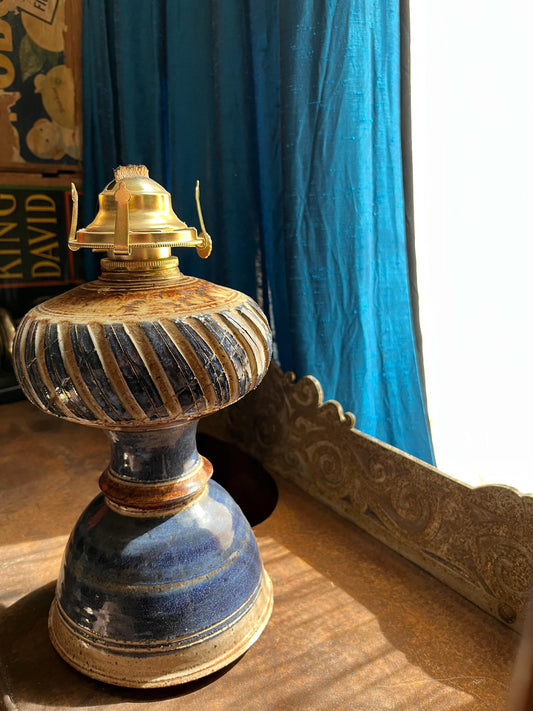 Vintage 1970s Studio Pottery Oil Lamp – Hand-Carved Blue Stoneware Kerosene Base w/ Studio Makers Mark