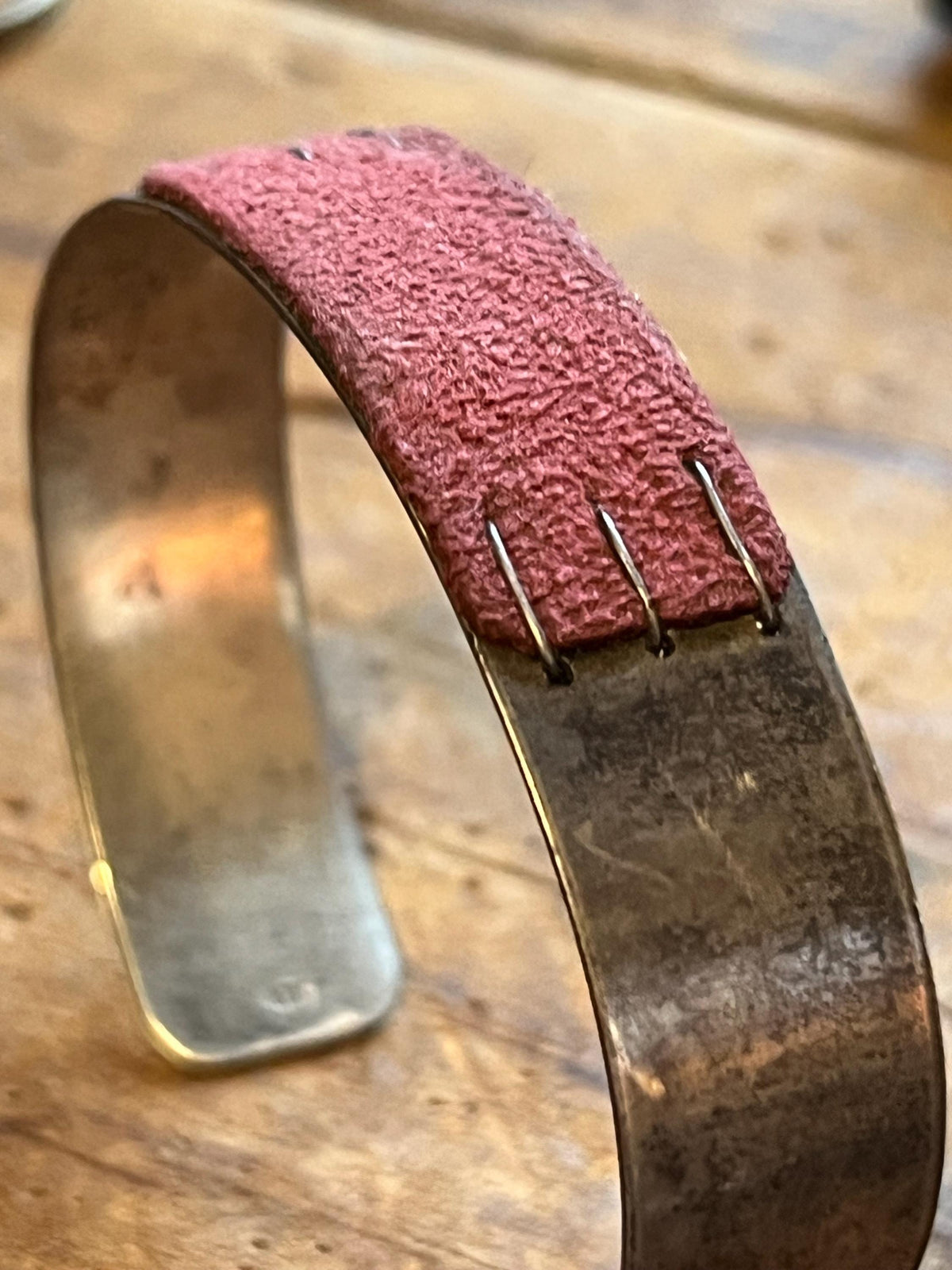 Vintage Sterling Silver Suede Cuff Bracelet | Modernist Mixed Media Studio Jewelry