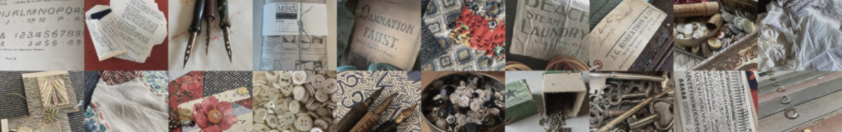 Collage of various vintage items including buttons, papers, and small objects.
