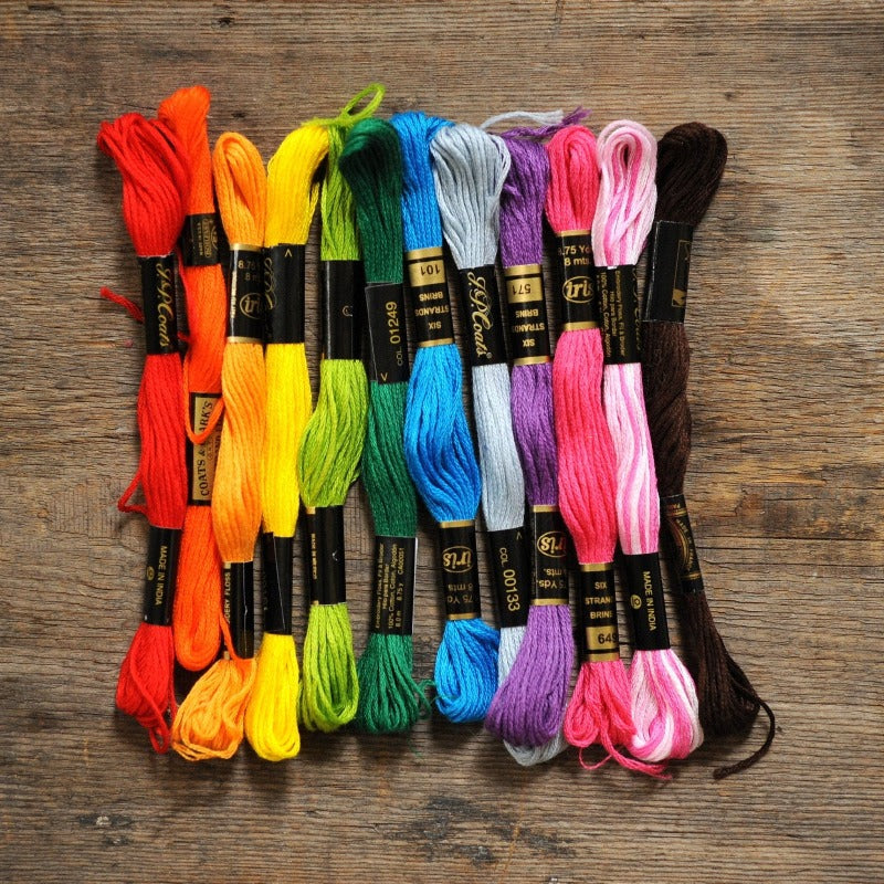 Secondhand-sourced set of 12 skeins of embroidery floss in rainbow colors, embroidery floss variety pack bundle ROYGBIV
