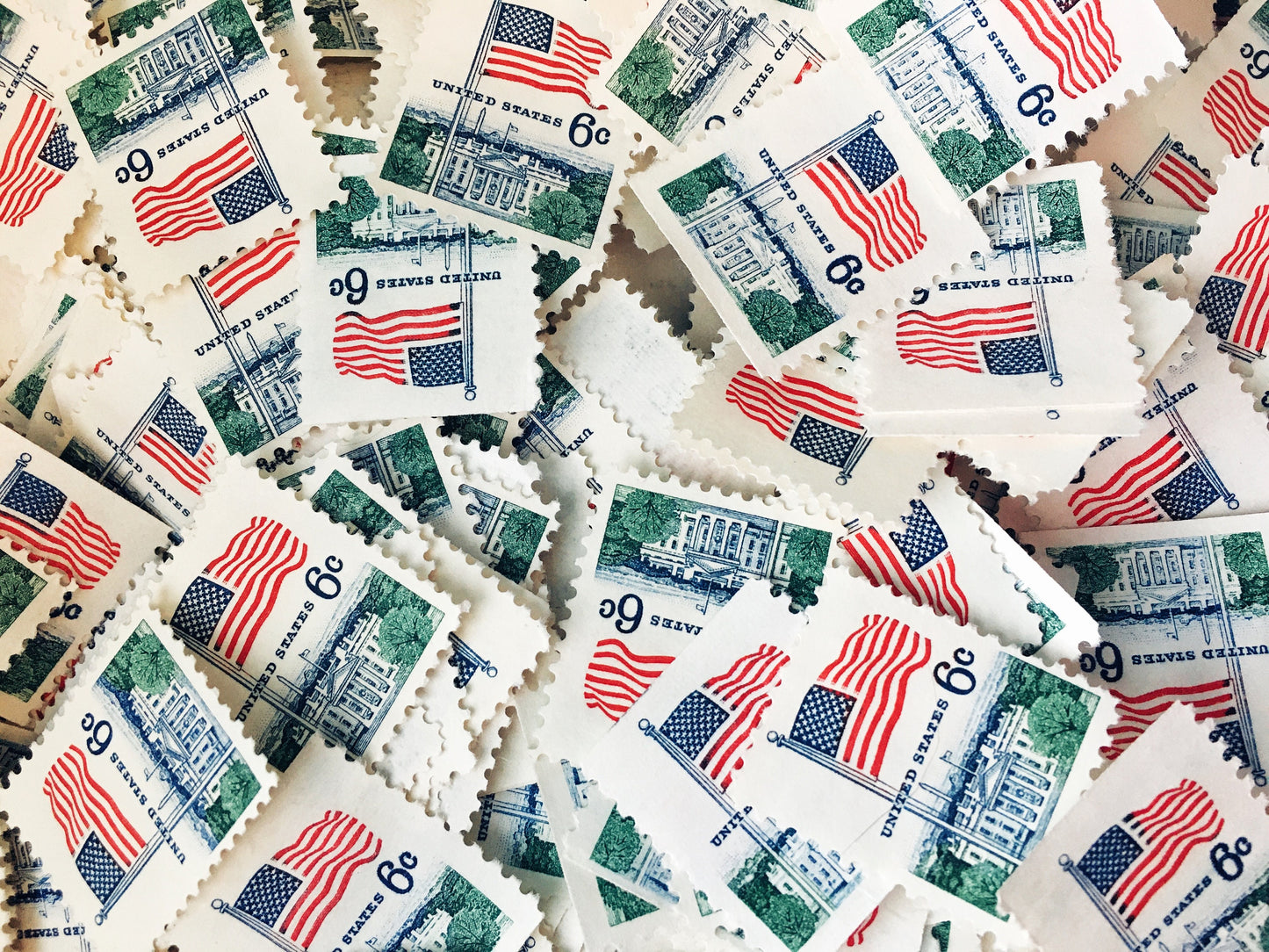 Vintage stamps/unused postage: fifty (50) unused 6 cent stamps (3 dollars face value), US flag motif for mailing, scrapbooking, journaling