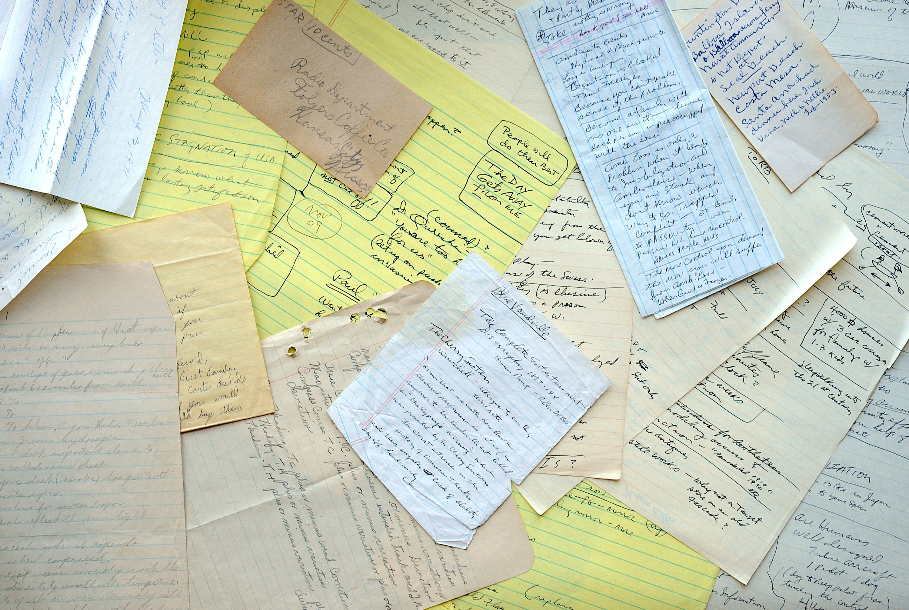 1/8 pound vintage mix of original handwritten papers: notes, lists, le ...