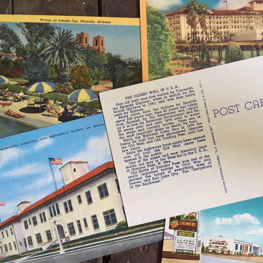 Five vintage linen postcards: unused mix