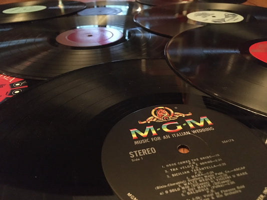 Ten old 33 records for making and displaying: vintage vinyl LPs for craft, reuse, repurpose