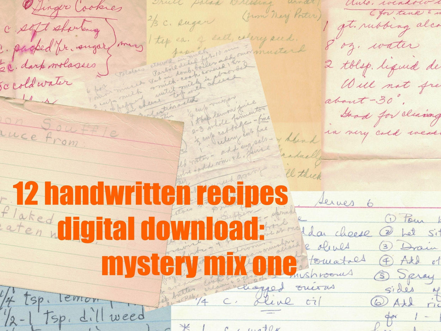 One Dozen Vintage Handwritten Recipes - Instant download digital files: cook, bake, experiment, adapt, art. Mystery Mix 1 - REUSE LICENSE